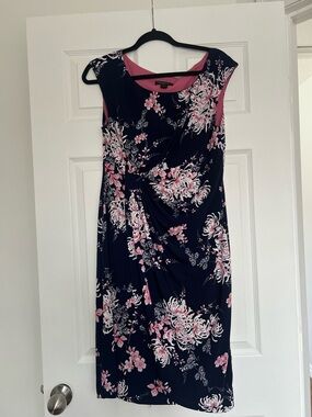 connected apparel Navy Sheath Dress with Pink Floral Print